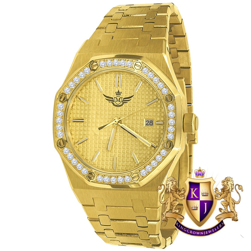 Solid Stainless Steel 18K Yellow Gold Finish Simulated Diamond AP Style Luxury Watch 43mm