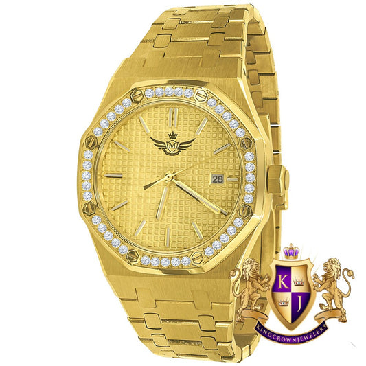 Solid Stainless Steel 18K Yellow Gold Finish Simulated Diamond AP Style Luxury Watch 43mm