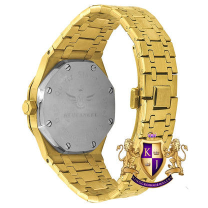 Solid Stainless Steel 18K Yellow Gold Finish Simulated Diamond AP Style Luxury Watch 43mm