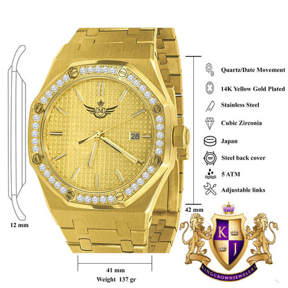 Solid Stainless Steel 18K Yellow Gold Finish Simulated Diamond AP Style Luxury Watch 43mm