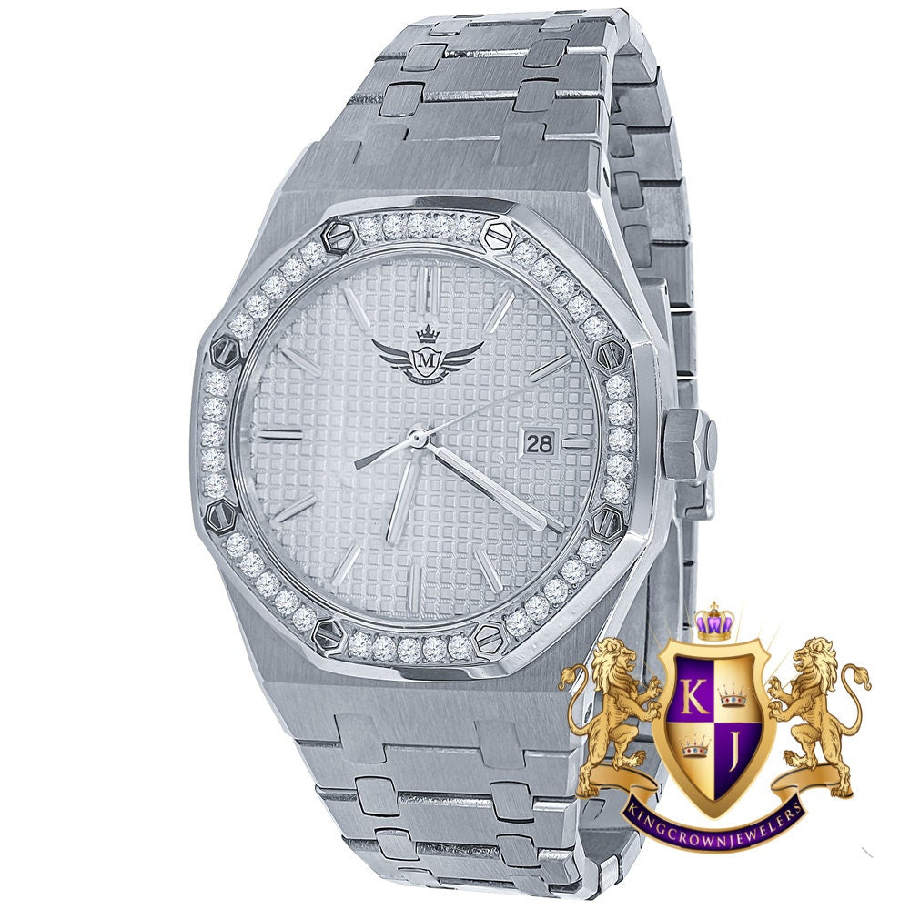 Solid Stainless Steel 18K White Gold Finish Simulated Diamond AP Style Luxury Watch 43mm
