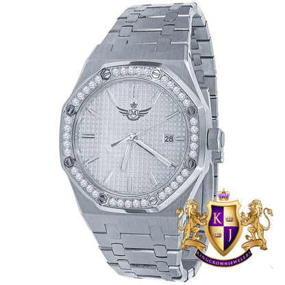 Solid Stainless Steel 18K White Gold Finish Simulated Diamond AP Style Luxury Watch 43mm