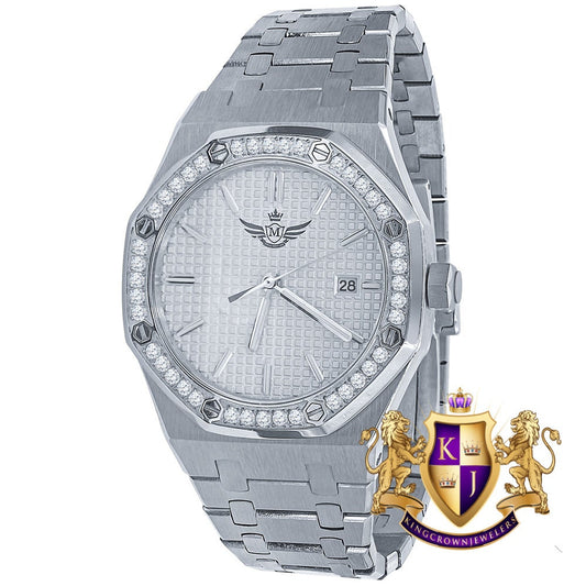 Solid Stainless Steel 18K White Gold Finish Simulated Diamond AP Style Luxury Watch 43mm