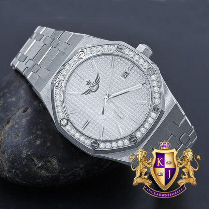 Solid Stainless Steel 18K White Gold Finish Simulated Diamond AP Style Luxury Watch 43mm