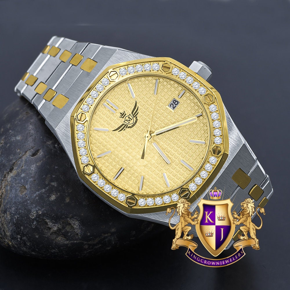 2 Tone Gold Finish Solid Stainless Steel Simulated Diamond AP Style Luxury Watch 43mm
