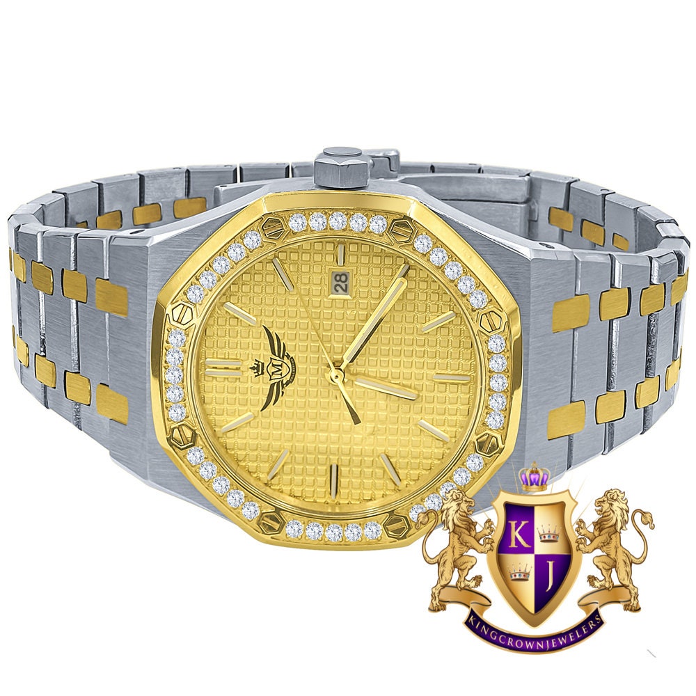 2 Tone Gold Finish Solid Stainless Steel Simulated Diamond AP Style Luxury Watch 43mm