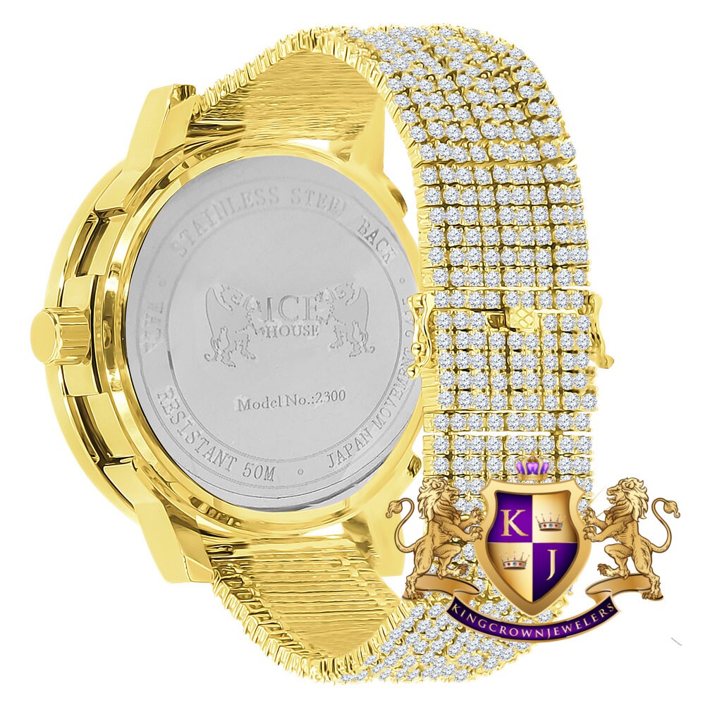 Ruby Red Mens Solitaire Real Diamond Dial Roman Face Gold Tone Custom Bezrl Band Watch XL 55mm W/Date