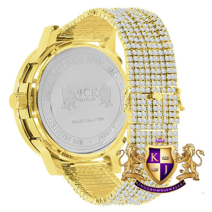 Ruby Red Mens Solitaire Real Diamond Dial Roman Face Gold Tone Custom Bezrl Band Watch XL 55mm W/Date