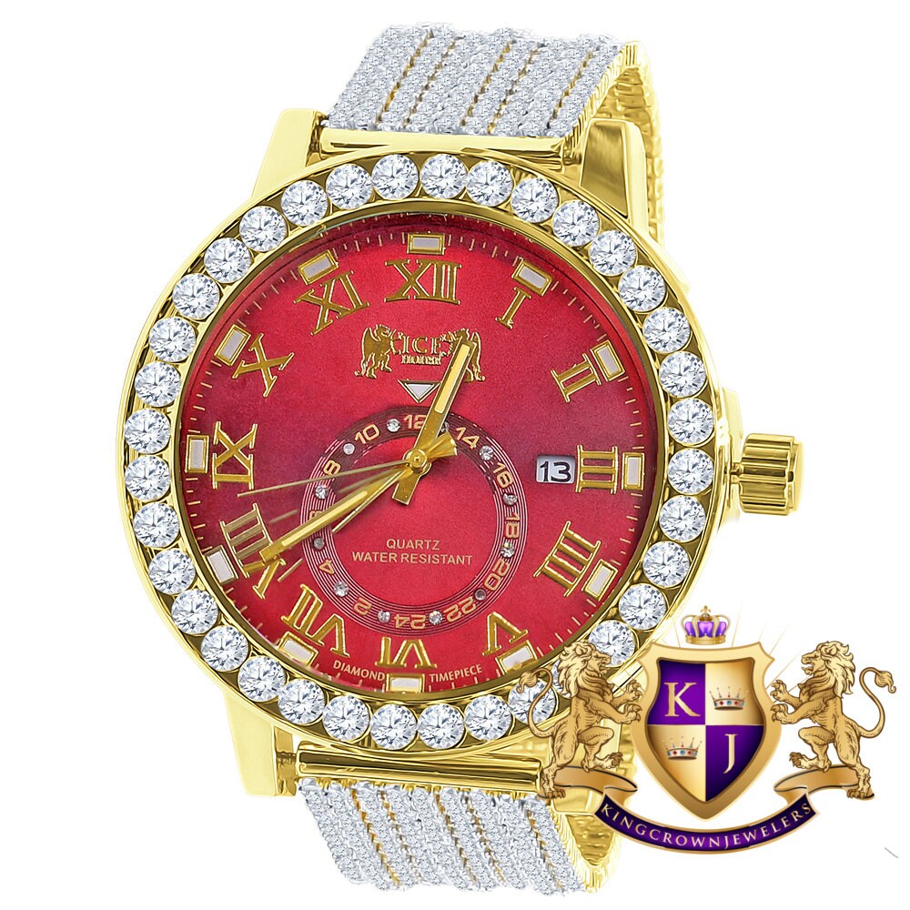 Ruby Red Mens Solitaire Real Diamond Dial Roman Face Gold Tone Custom Bezrl Band Watch XL 55mm W/Date