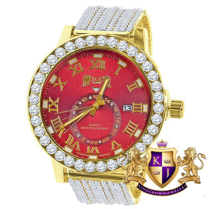 Ruby Red Mens Solitaire Real Diamond Dial Roman Face Gold Tone Custom Bezrl Band Watch XL 55mm W/Date