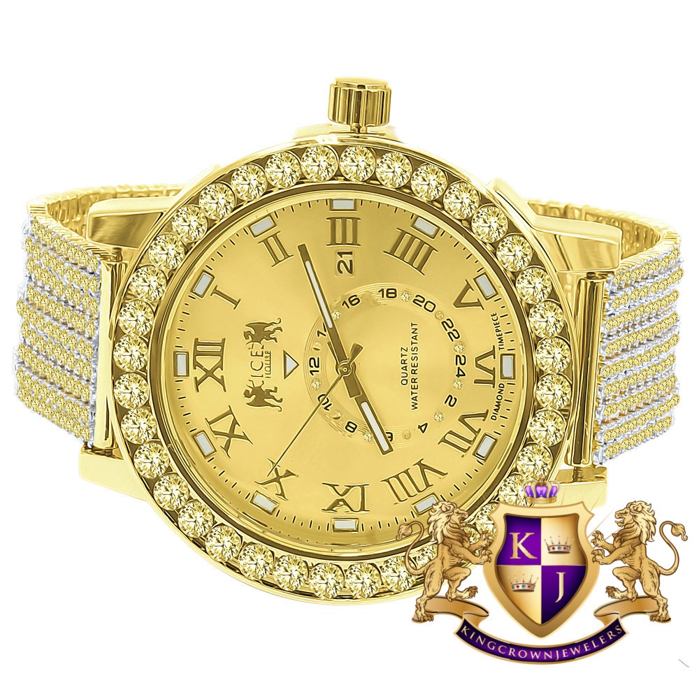 Yellow Canary Solitaire Real Diamond Dial Roman Face Gold Tone Steel Bezel Custom Band Watch XL 55mm W/Date
