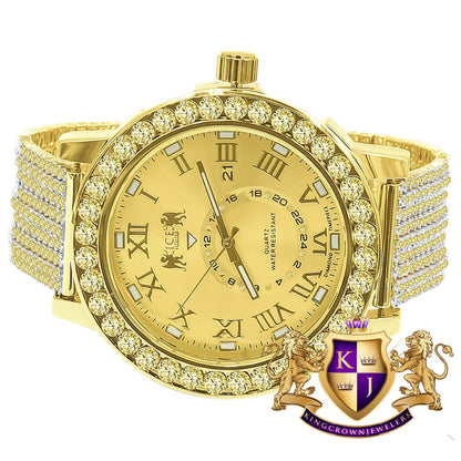 Yellow Canary Solitaire Real Diamond Dial Roman Face Gold Tone Steel Bezel Custom Band Watch XL 55mm W/Date