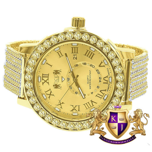 Yellow Canary Solitaire Real Diamond Dial Roman Face Gold Tone Steel Bezel Custom Band Watch XL 55mm W/Date