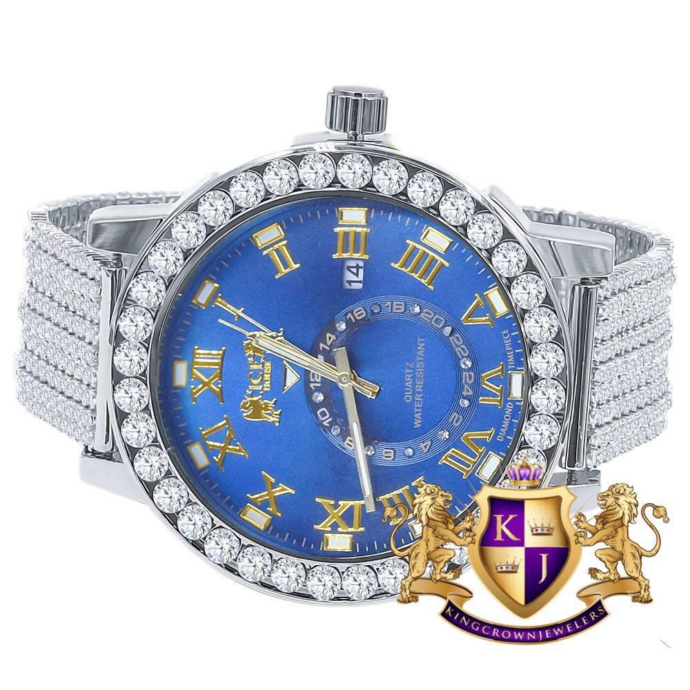 Mens Solitaire Real Diamond Dial Roman Blue Sapphire Face White Tone Custom Bezel Band Watch XL 55mm W/Date