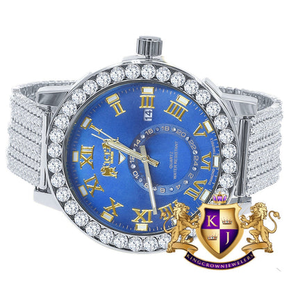 Mens Solitaire Real Diamond Dial Roman Blue Sapphire Face White Tone Custom Bezel Band Watch XL 55mm W/Date