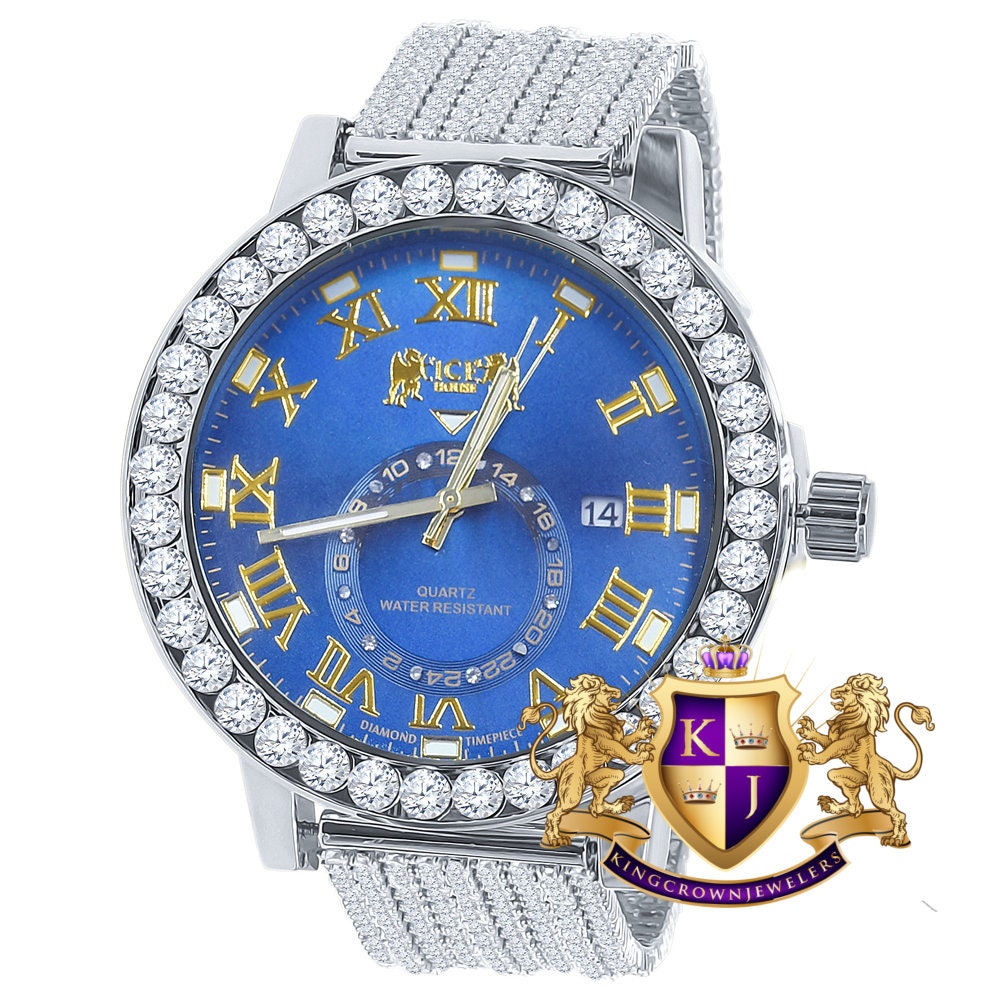 Mens Solitaire Real Diamond Dial Roman Blue Sapphire Face White Tone Custom Bezel Band Watch XL 55mm W/Date
