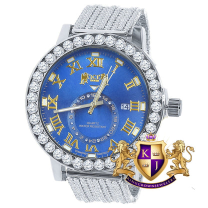 Mens Solitaire Real Diamond Dial Roman Blue Sapphire Face White Tone Custom Bezel Band Watch XL 55mm W/Date