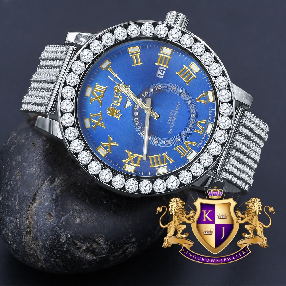 Mens Solitaire Real Diamond Dial Roman Blue Sapphire Face White Tone Custom Bezel Band Watch XL 55mm W/Date