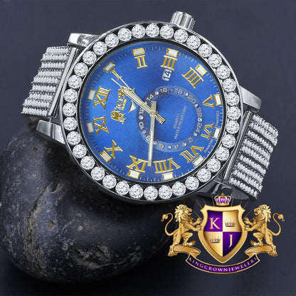 Mens Solitaire Real Diamond Dial Roman Blue Sapphire Face White Tone Custom Bezel Band Watch XL 55mm W/Date