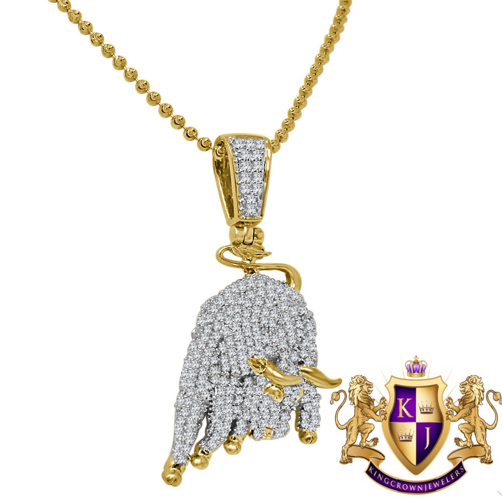 Real Genuine Sterling Silver 14K Gold Finish Luxury Car Bull Pendent Simulated Diamond Charm Chain Set