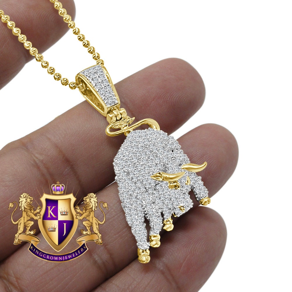 Real Genuine Sterling Silver 14K Gold Finish Luxury Car Bull Pendent Simulated Diamond Charm Chain Set