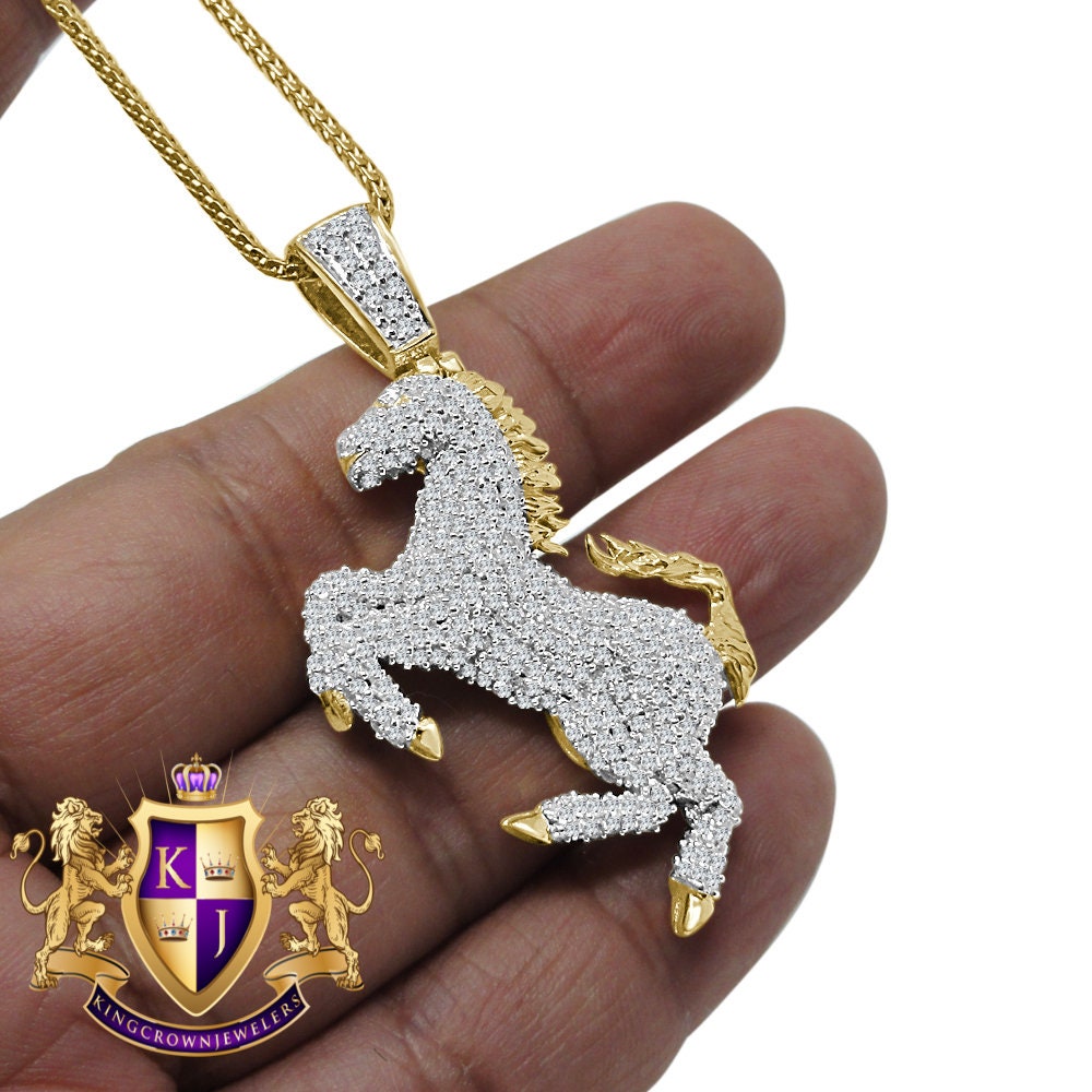Genuine Sterling Silver 14K Gold Finish Simulated Diamond Luxury Car Horse Shield Pendent Charm Chain Set