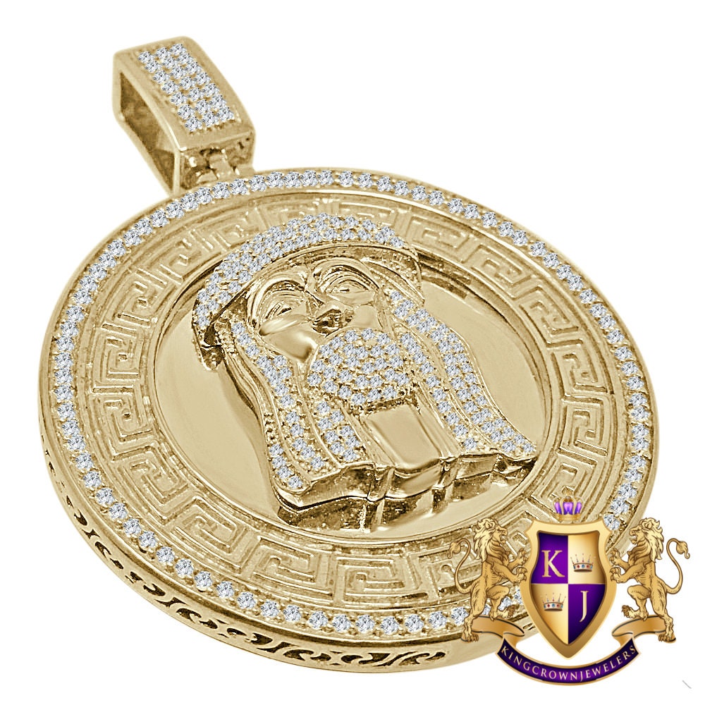 Mens Big 2.65'' Real Yellow Gold Sterling Silver Simulated Diamond Greek Jesus Face Pendent Charm
