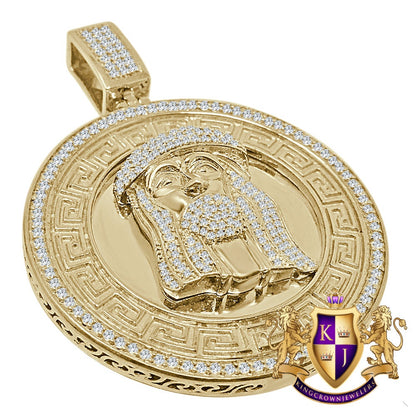Mens Big 2.65'' Real Yellow Gold Sterling Silver Simulated Diamond Greek Jesus Face Pendent Charm