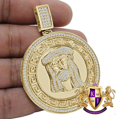 Mens Big 2.65'' Real Yellow Gold Sterling Silver Simulated Diamond Greek Jesus Face Pendent Charm
