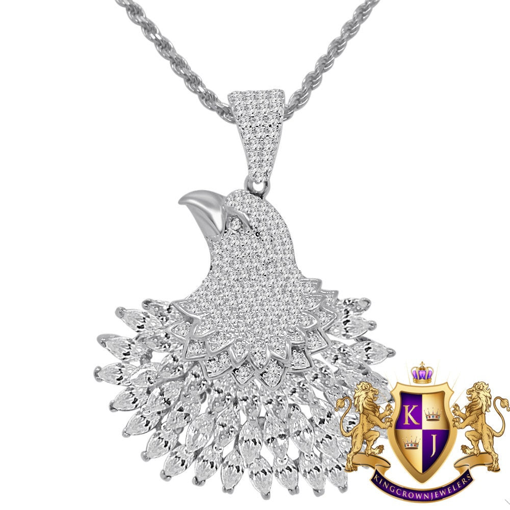 Baguette Multi Tone Genuine Real Sterling Silver White Gold Finish American Eagle Charm Peacock Pendent Chain Set
