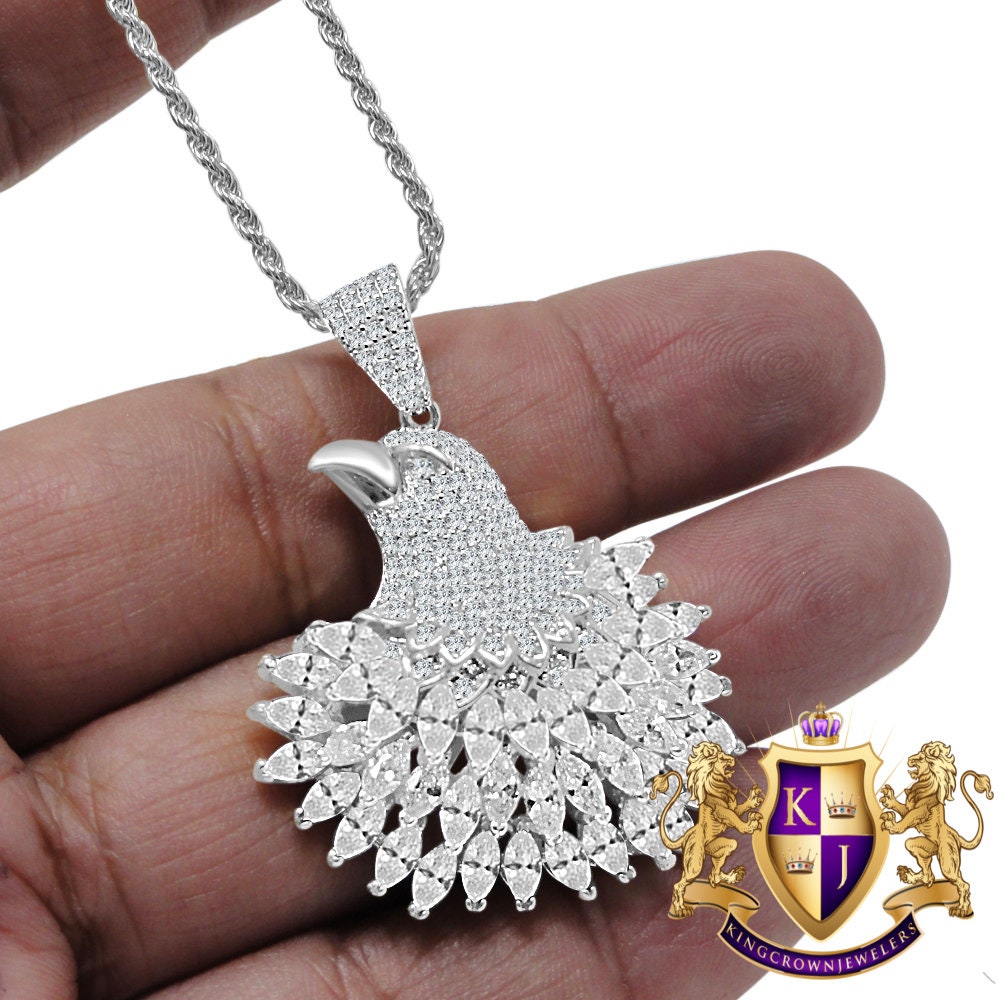 Baguette Multi Tone Genuine Real Sterling Silver White Gold Finish American Eagle Charm Peacock Pendent Chain Set