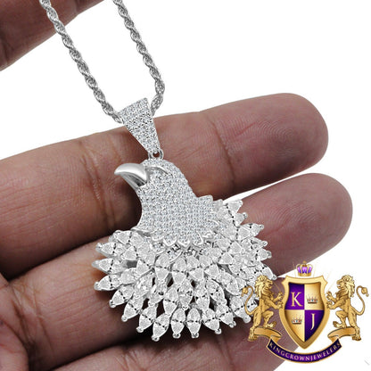 Baguette Multi Tone Genuine Real Sterling Silver White Gold Finish American Eagle Charm Peacock Pendent Chain Set