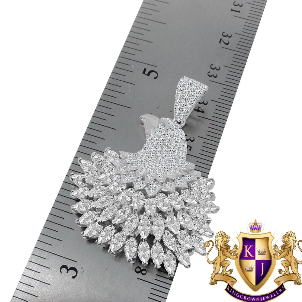 Baguette Multi Tone Genuine Real Sterling Silver White Gold Finish American Eagle Charm Peacock Pendent Chain Set