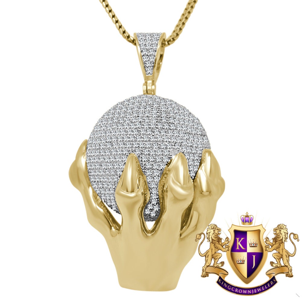 10K Yellow Gold Over Sterling Silver Simulated Diamond Domed 3D World Map Globe Pendant Globe Charm Chain