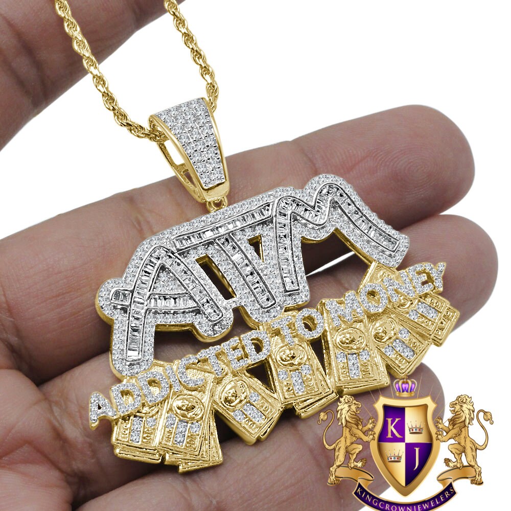 26+ Grams Real Genuine Italian Sterling Silver 2.00 Ct. Simulated Diamond ATM Addicted To Money Cash Dollar Pendant Charm Chain Neckless Set
