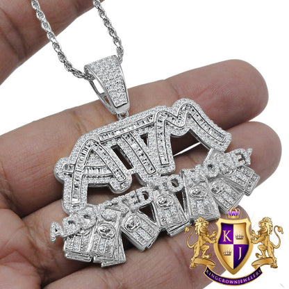 White Gold On Real Genuine Sterling Silver Simulated Diamond ATM Addicted To Money Pendent Charm + Chain