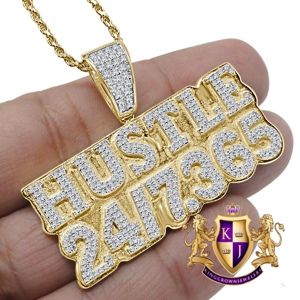 Mens Real Genuine Yellow Gold Sterling Silver Simulated Diamond Hustle 24/7 .365 Charm Chain Set
