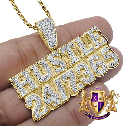 Mens Real Genuine Yellow Gold Sterling Silver Simulated Diamond Hustle 24/7 .365 Charm Chain Set