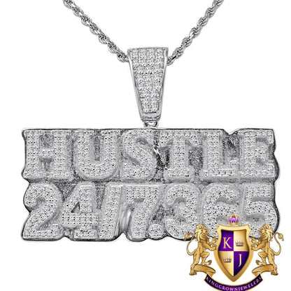 Mens Real Genuine White Gold Sterling Silver Simulated Diamond Hustle 24/7 .365 Charm Chain Set