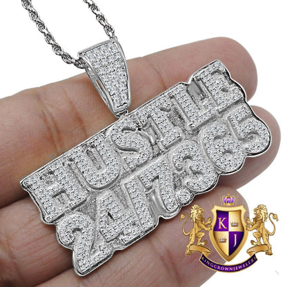 Mens Real Genuine White Gold Sterling Silver Simulated Diamond Hustle 24/7 .365 Charm Chain Set