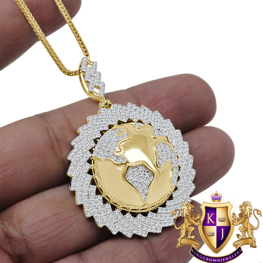 Mens 10K Yellow Gold Over Silver Diamond Domed 3D World Map Pendant Globe Charm Chain
