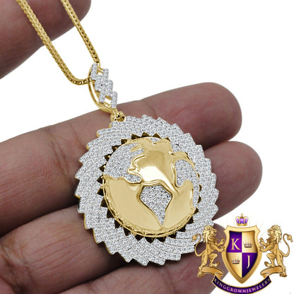 Mens 10K Yellow Gold Over Silver Diamond Domed 3D World Map Pendant Globe Charm Chain