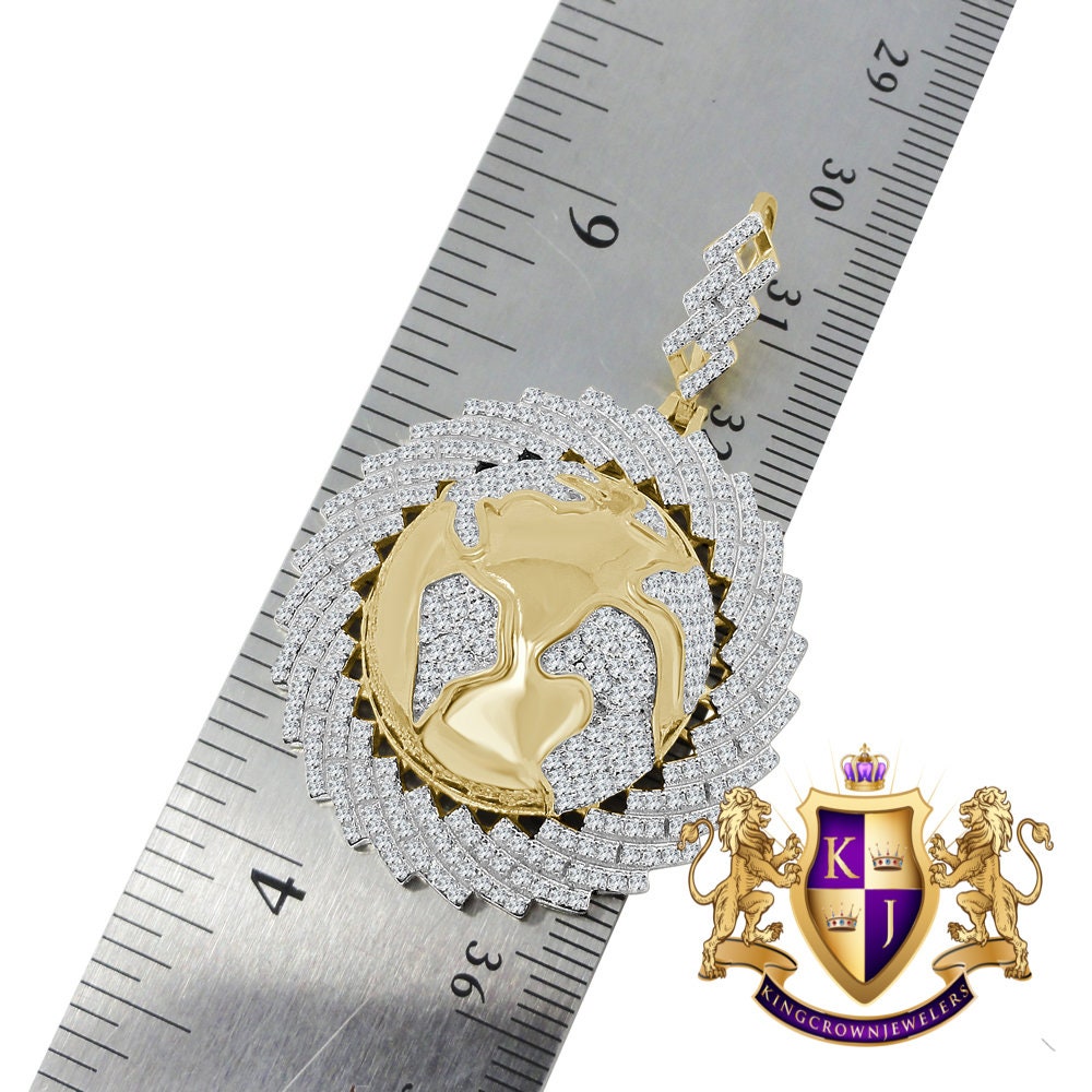 Mens 10K Yellow Gold Over Silver Diamond Domed 3D World Map Pendant Globe Charm Chain