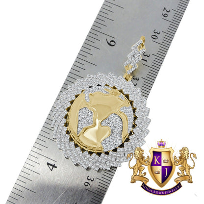 Mens 10K Yellow Gold Over Silver Diamond Domed 3D World Map Pendant Globe Charm Chain