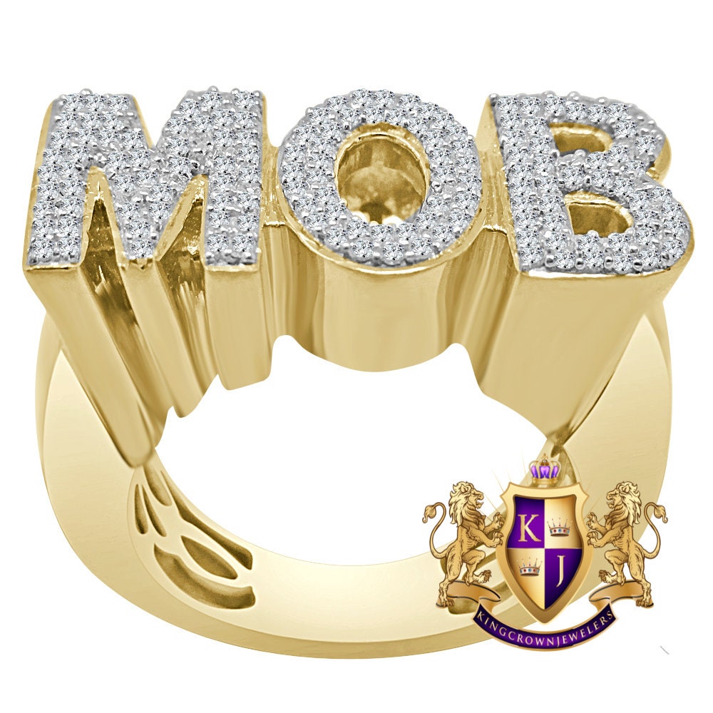 Mens Big XL Real Yellow Gold Sterling Silver Simulated Diamond "MOB " Custom Ring Band