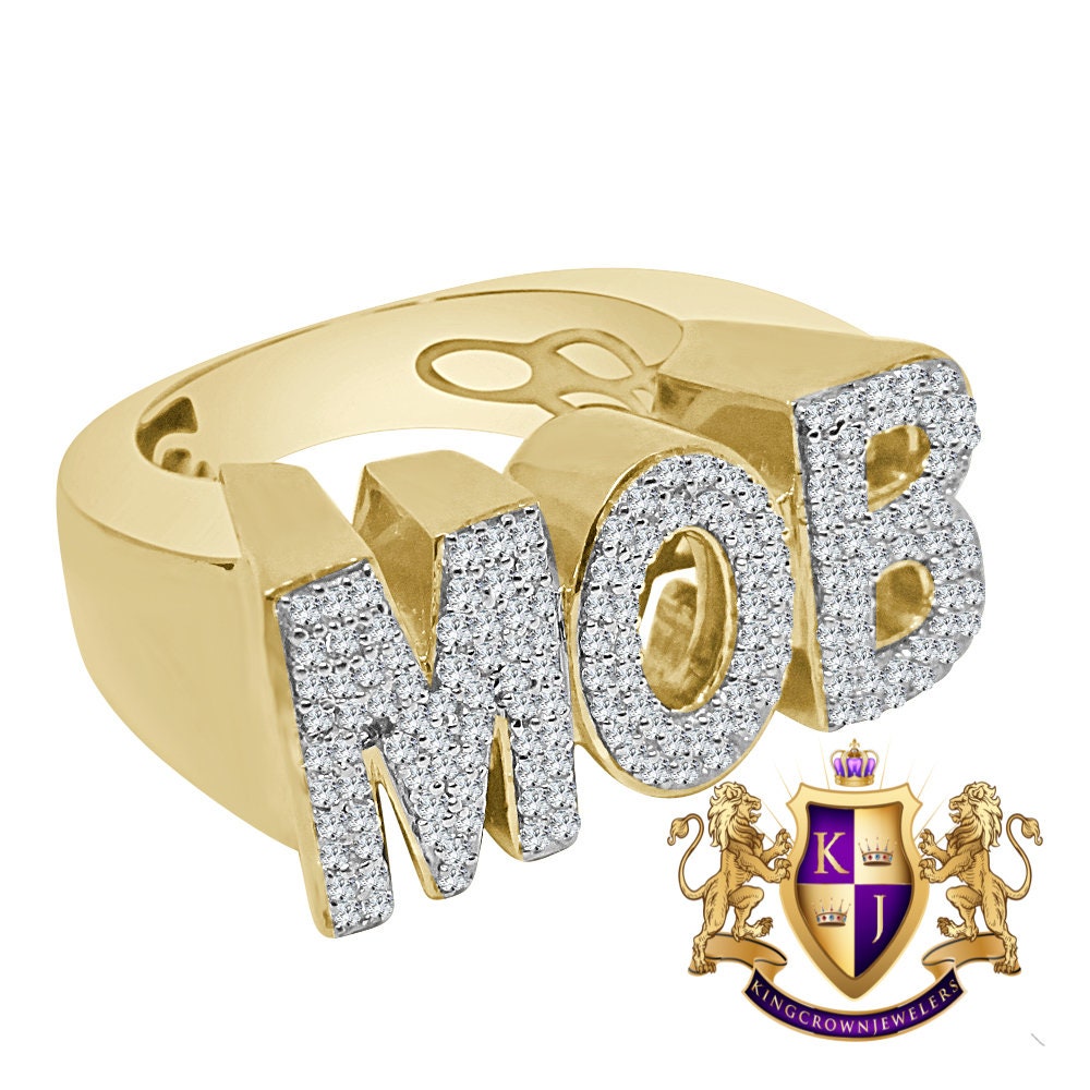 Mens Big XL Real Yellow Gold Sterling Silver Simulated Diamond "MOB " Custom Ring Band