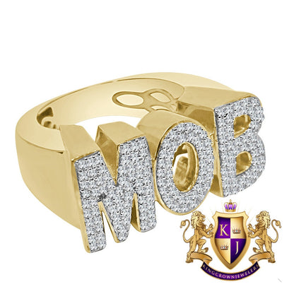 Mens Big XL Real Yellow Gold Sterling Silver Simulated Diamond "MOB " Custom Ring Band