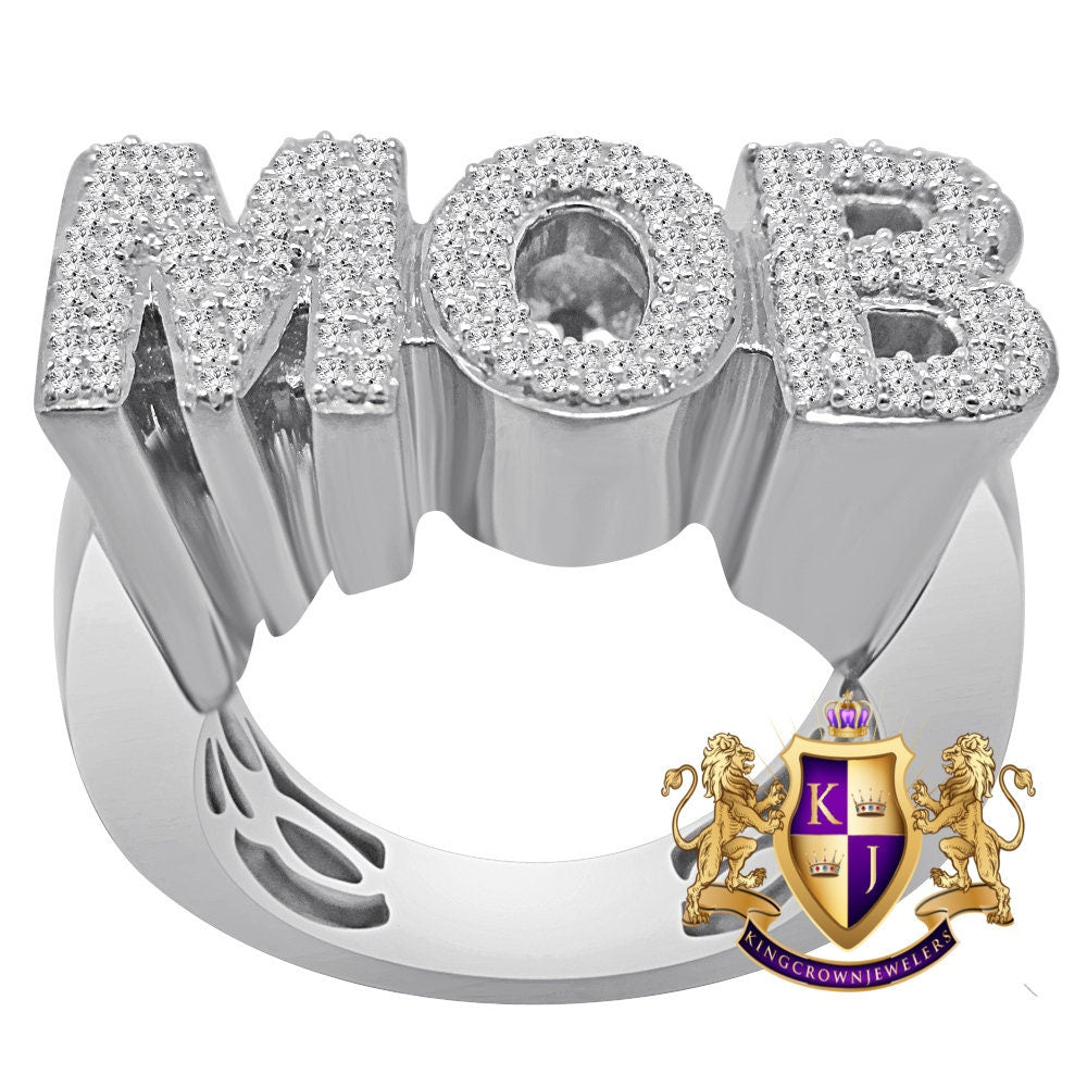 Mens Big XL White Gold Over Genuine Sterling Silver Simulated Diamond "MOB " Custom Ring Band