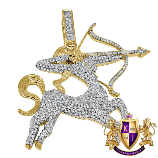 18+ Grams Real Genuine Yellow Gold Sterling Silver 4.00 Cwt. Simulated Diamond Sagittarius Archer Zodiac Sign Custom Pendant Charm 2.25''