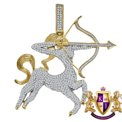 18+ Grams Real Genuine Yellow Gold Sterling Silver 4.00 Cwt. Simulated Diamond Sagittarius Archer Zodiac Sign Custom Pendant Charm 2.25''